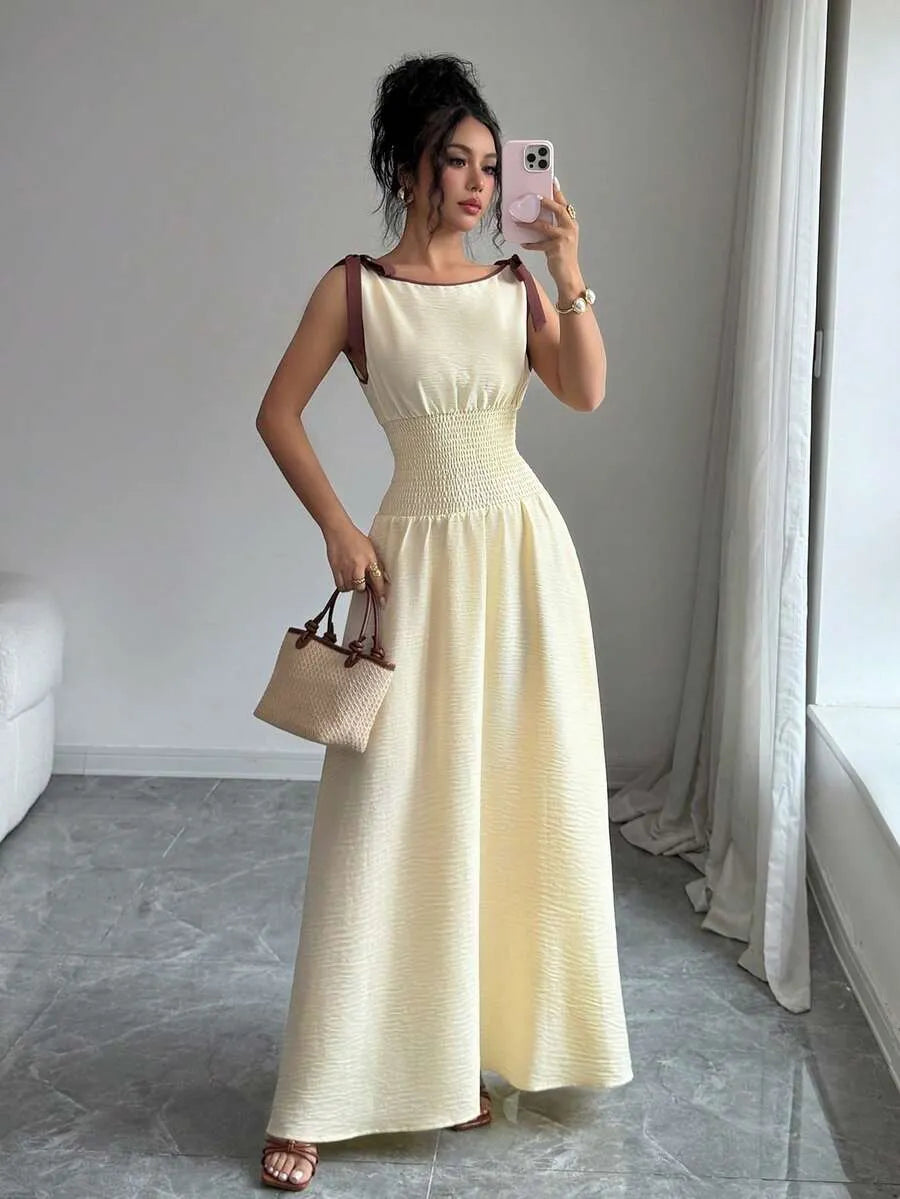 SHEIN Selianne فستان طويل بسيط وعصري بياقة قارب وربطة عنق