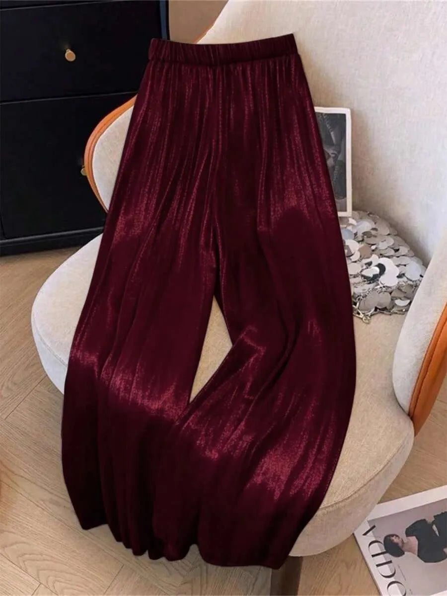 SHEIN GlowEve بنطال نسائي واسع بخصر مطاطي ومطوي بلون عنابي