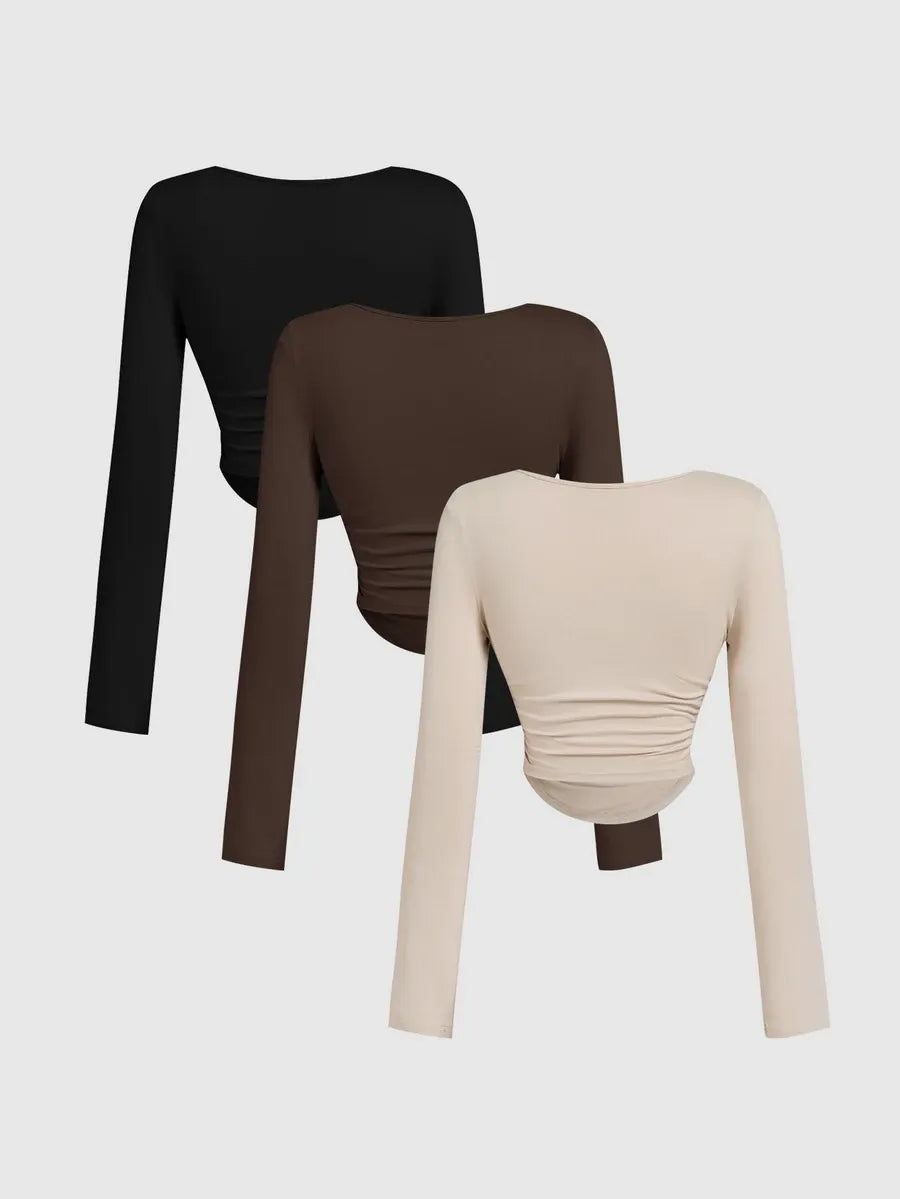 SHEIN MOD مجموعة 3 قطع تي شيرت نسائي قصير محبوك بياقة مربعة وأكمام طويلة بلون بني