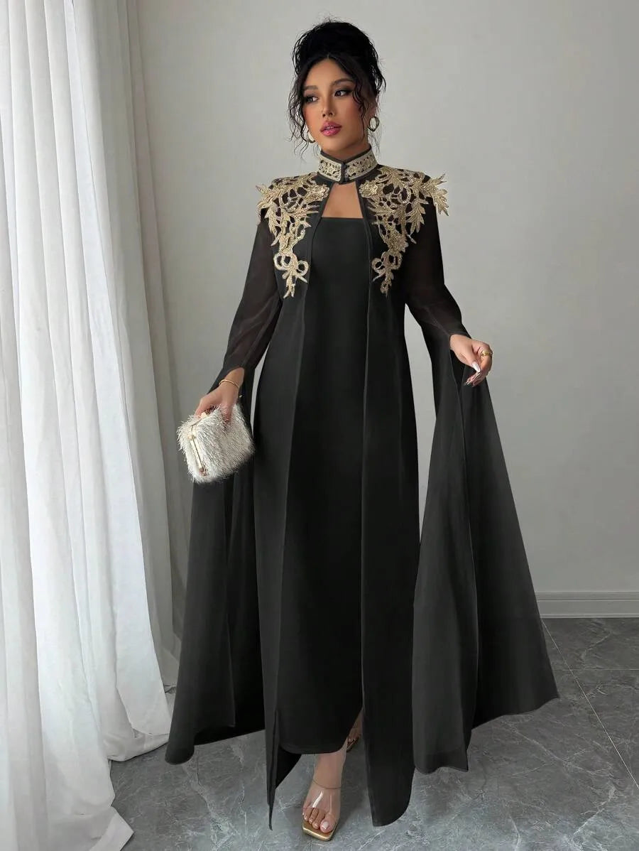 SHEIN Selianne طقم نسائي قطعتين جاكيت مطرز بأزرار أمامية وفستان طويل بلون الأسود