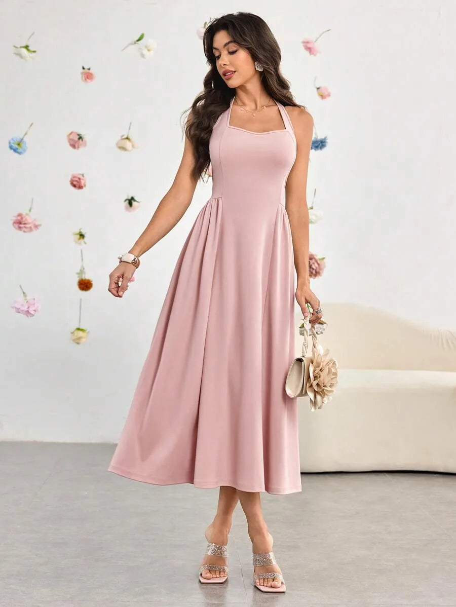 SHEIN Modelyn فستان وردي بفتحة ظهر وكشكشة عند الحواف