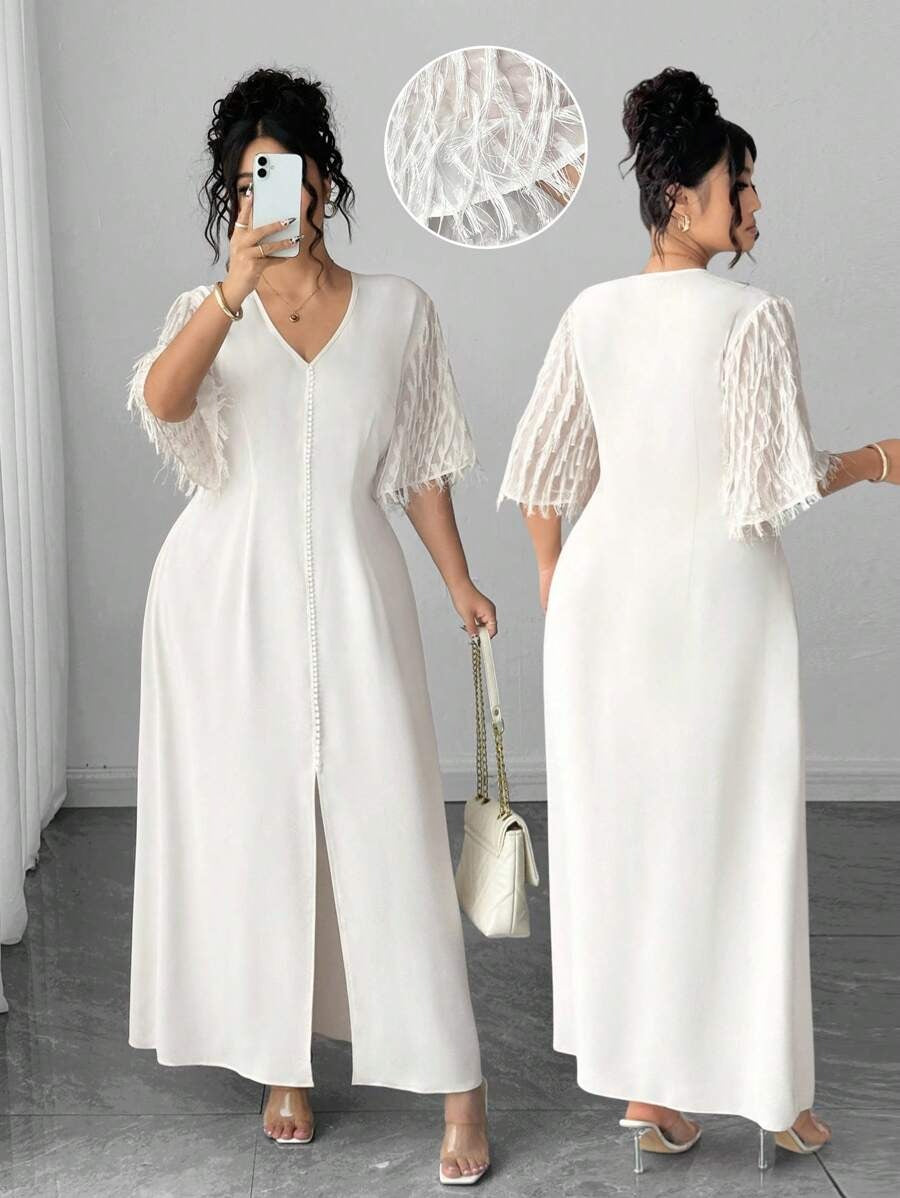 SHEIN Elenzga فستان أبيض بأكمام قصيرة وذيل مشقوق للمقاسات الكبيرة
