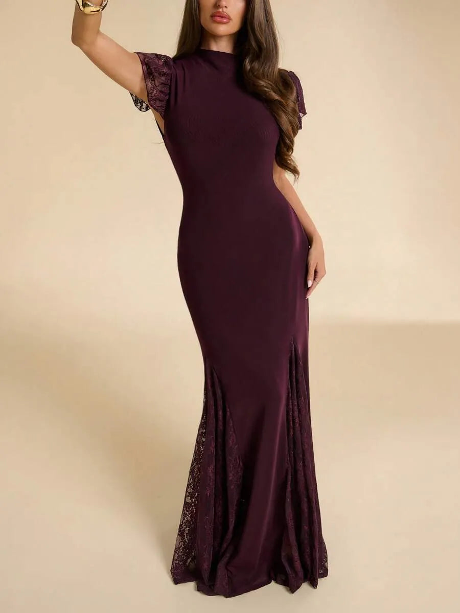SHEIN BAE فستان نسائي بنفسجي برقوقي أنيق برقبة نصف عالية وأكمام قصيرة