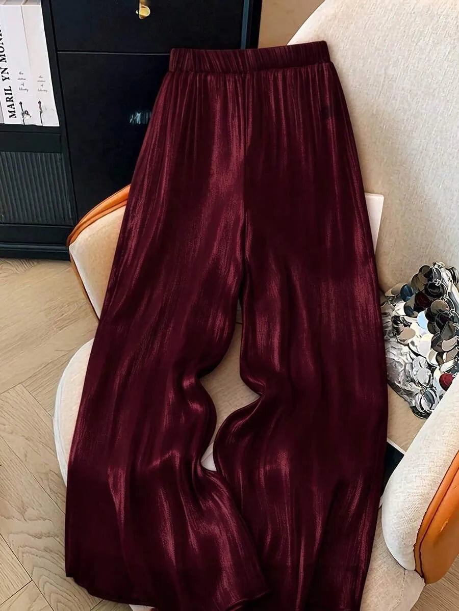 SHEIN GlowEve بنطال نسائي واسع بخصر مطاطي ومطوي بلون عنابي