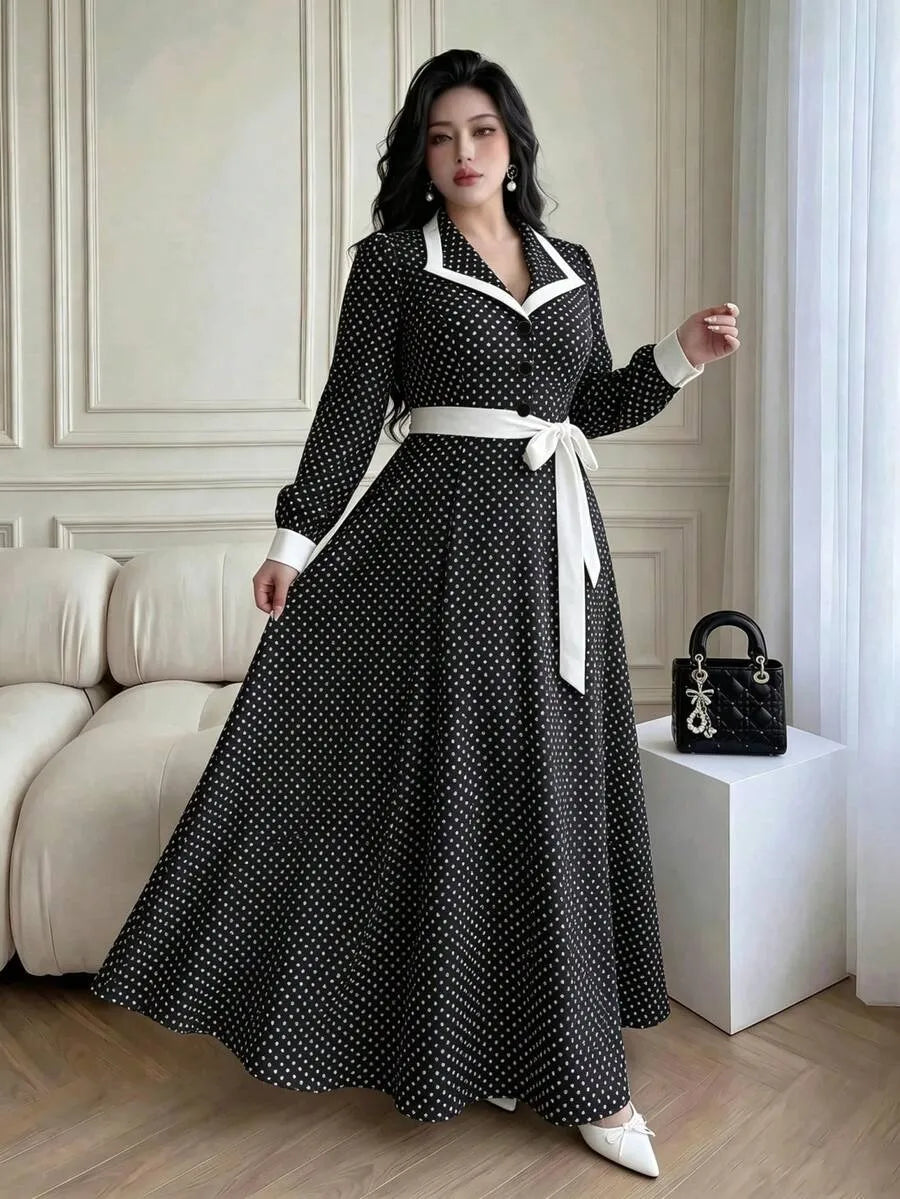 SHEIN Vibekara فستان نسائي طويل بياقة وأكمام طويلة وطيات جانبية باللونين الأسود والأبيض