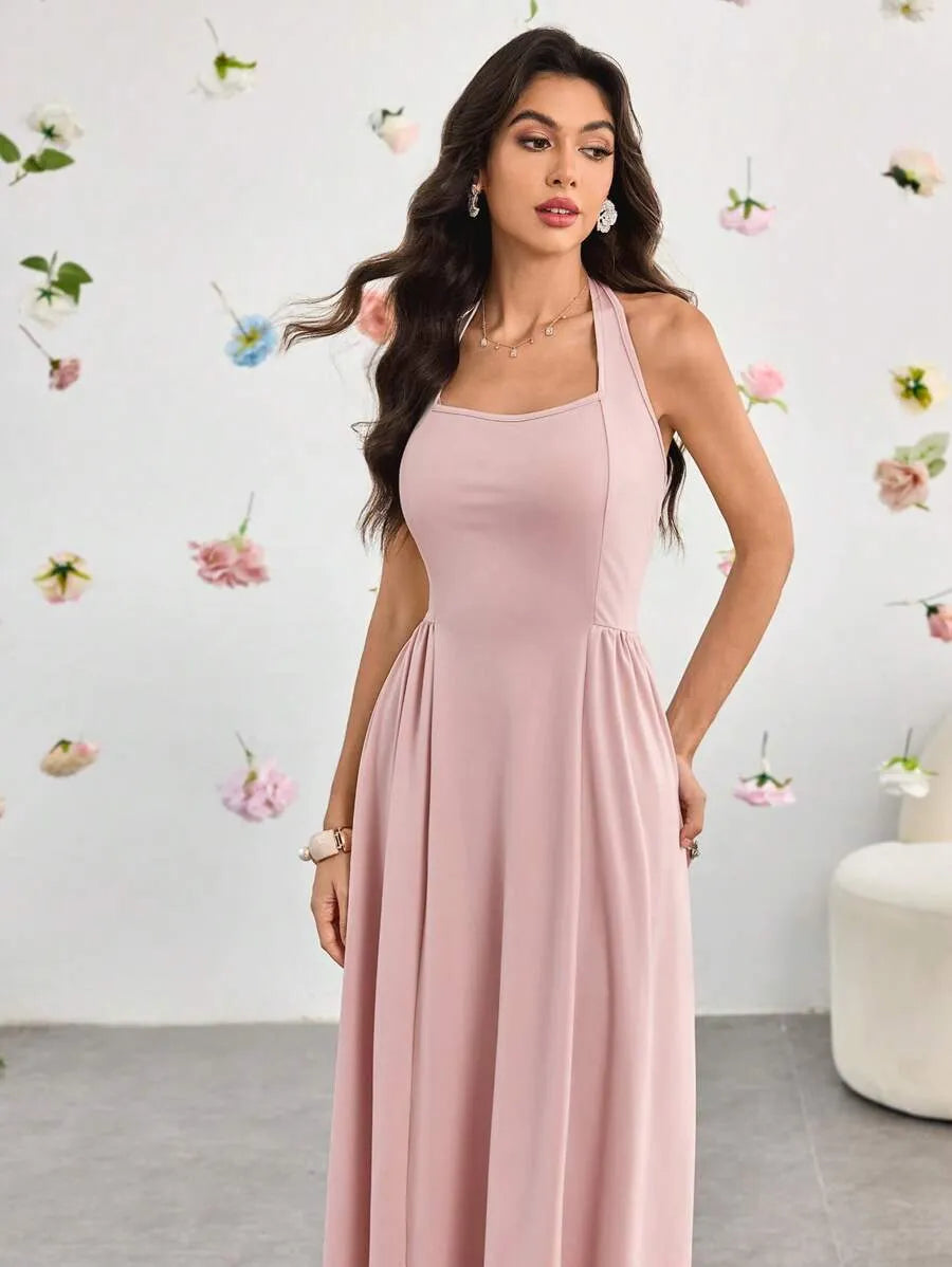 SHEIN Modelyn فستان وردي بفتحة ظهر وكشكشة عند الحواف