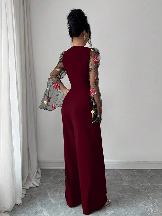 SHEIN Rafferiza جمبسوت بأكمام طويلة وتطريز وشبك وخصر محدد وزر معدني