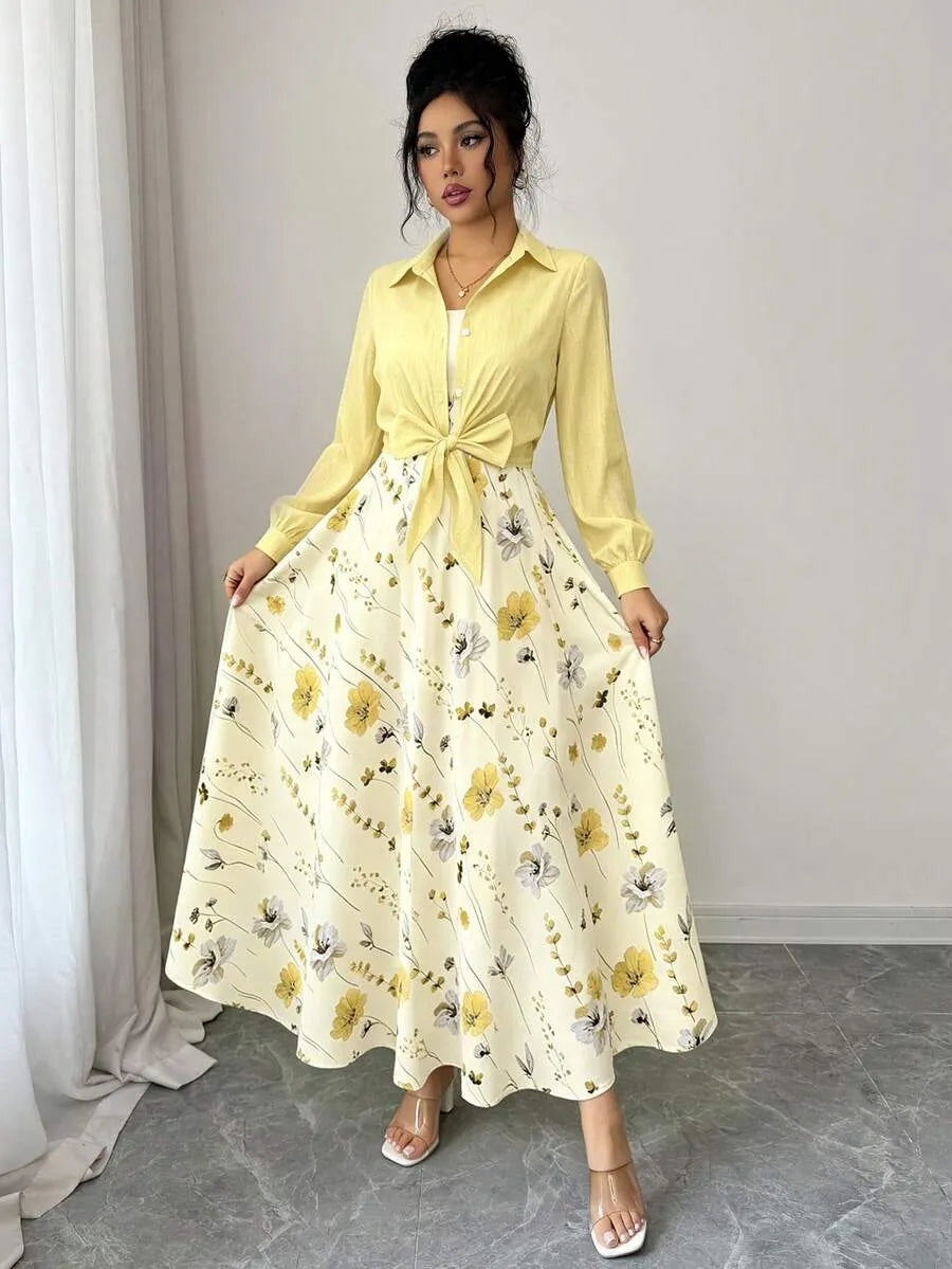 SHEIN طقم فستان مطبوع مع جاكيت بأكمام طويلة بلون أصفر