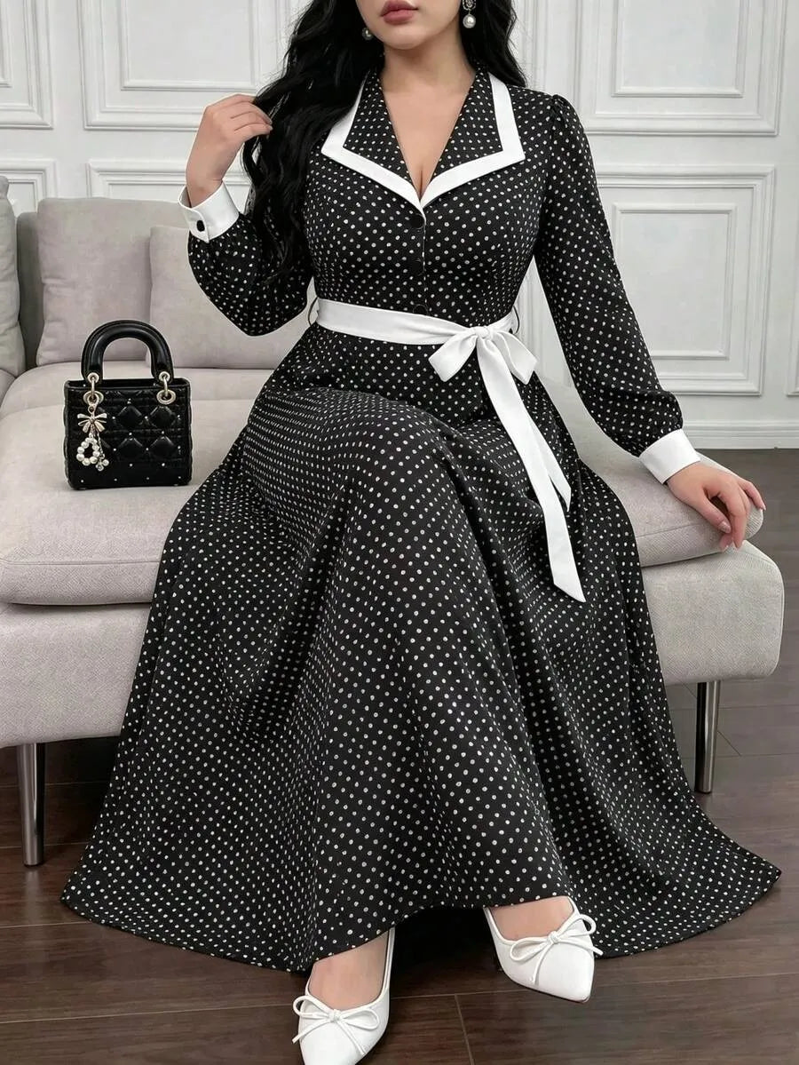 SHEIN Vibekara فستان نسائي طويل بياقة وأكمام طويلة وطيات جانبية باللونين الأسود والأبيض