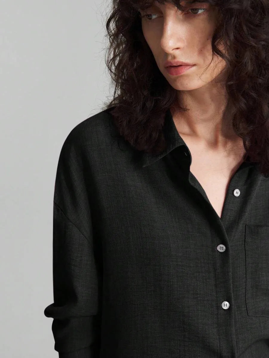 SHEIN Ontre طقم نسائي قطعتين بلوزة بياقة وأزرار أمامية وبنطال بجيوب بلون الأسود