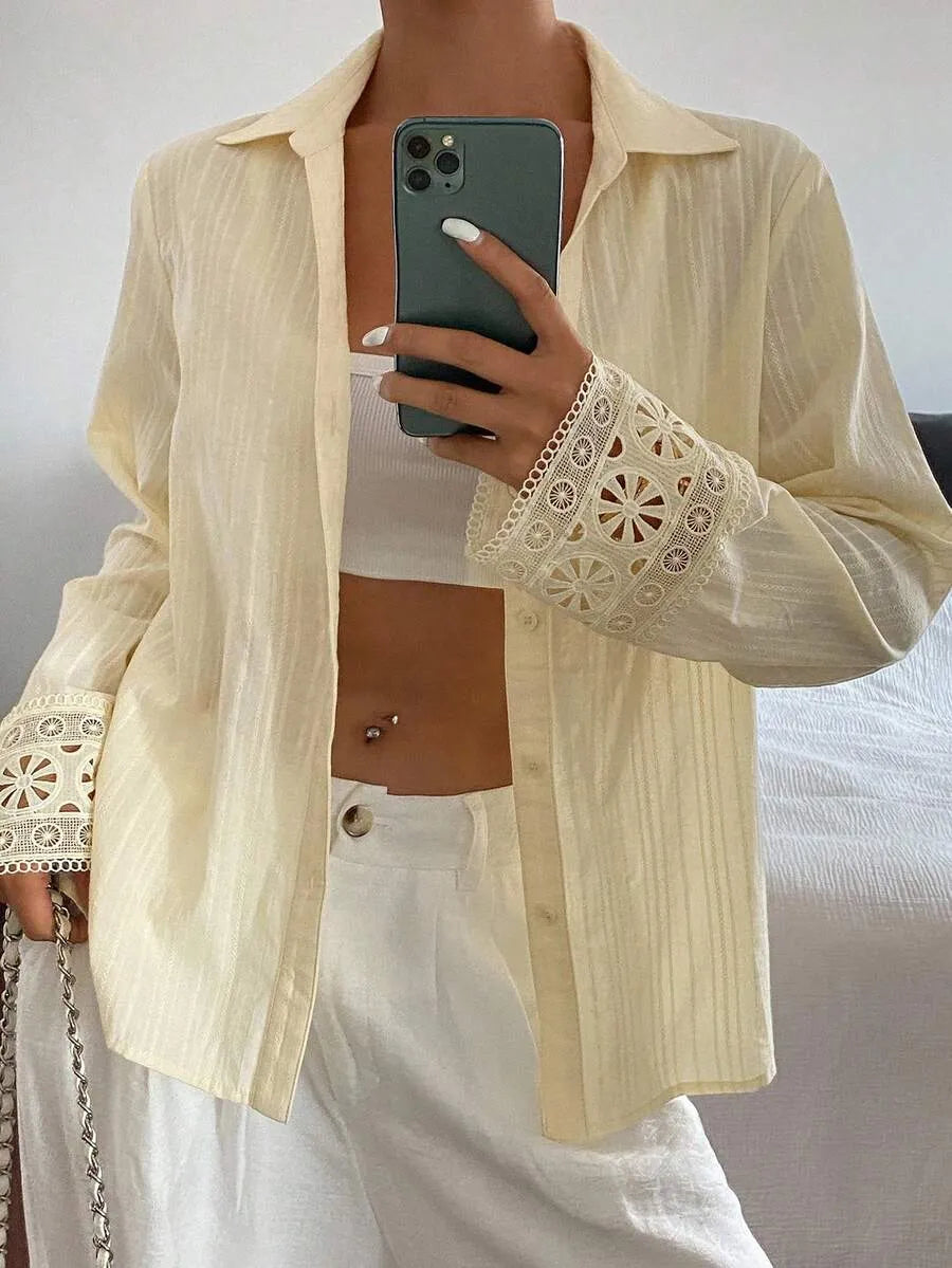 SHEIN Livesso قميص نسائي فضفاض بأزرار أمامية وياقة وأكمام طويلة بلون مشمشي
