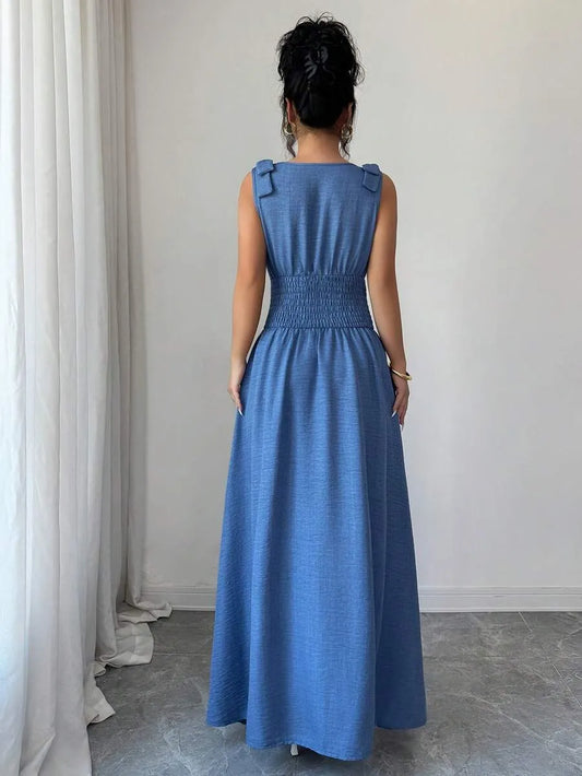 SHEIN Selianne فستان ماكسي أزرق داكن بخصر مطوي وفيونكة