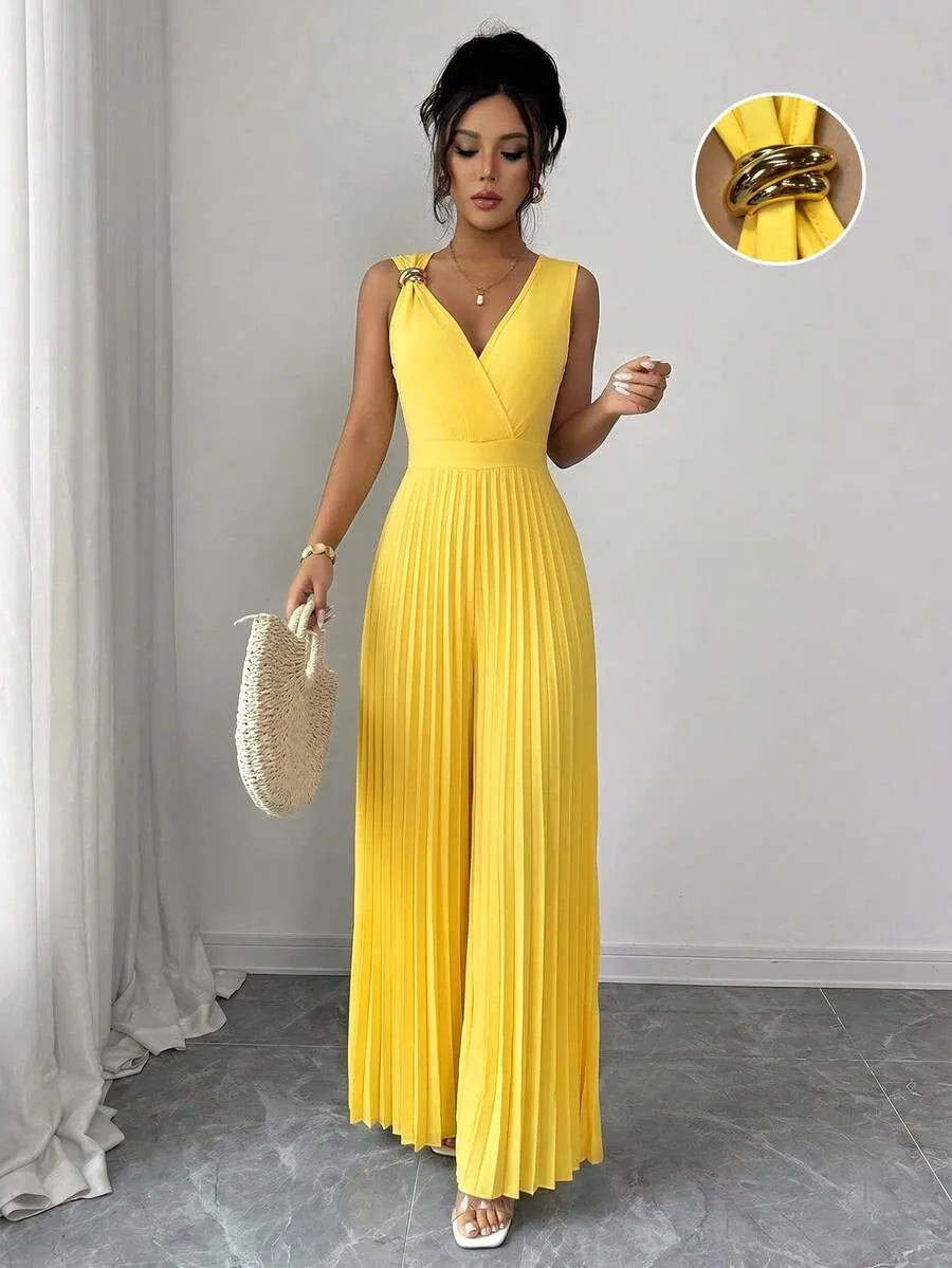 SHEIN Elenzga جمبسوت نسائية أنيقة للتنقل بياقة وأرجل بليسيه من