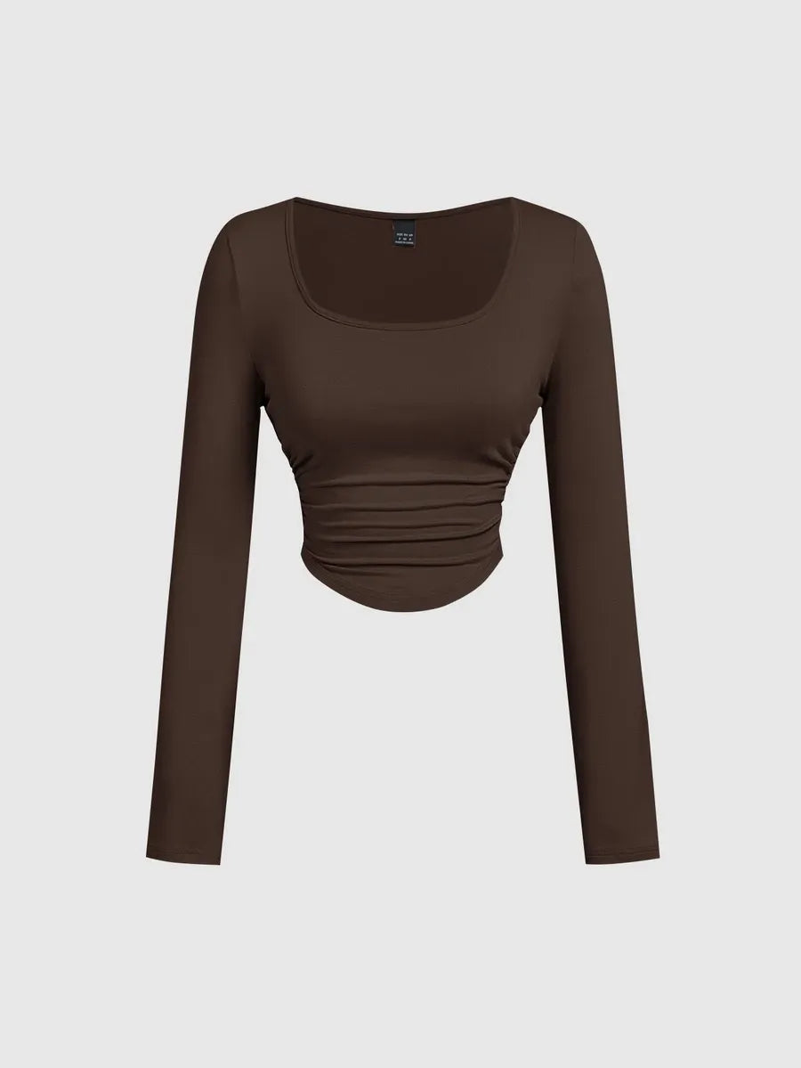 SHEIN MOD مجموعة 3 قطع تي شيرت نسائي قصير محبوك بياقة مربعة وأكمام طويلة بلون بني