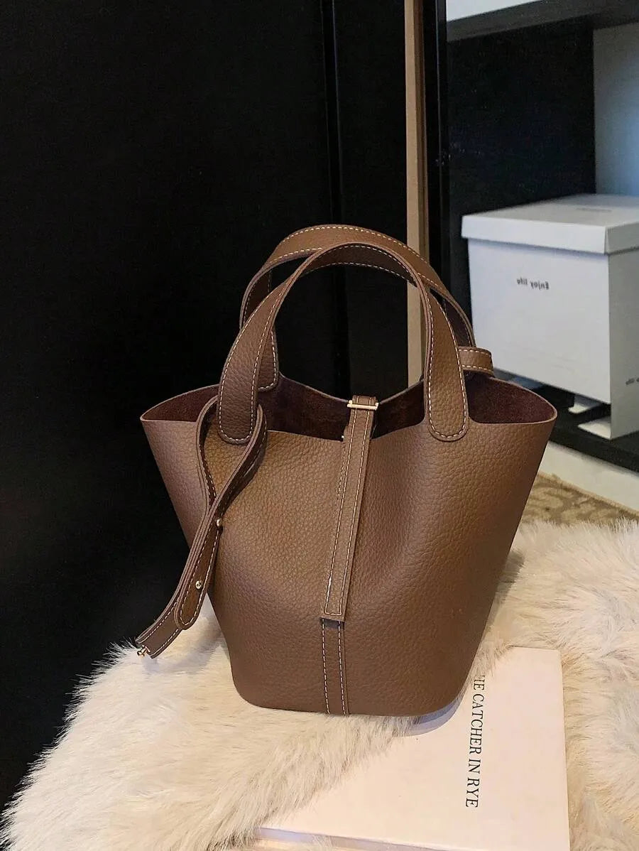 SHEIN حقيبة دلو صغيرة رمادية بلون الفيل بنقشة حصى ومقبض قصير للتنقل اليومي