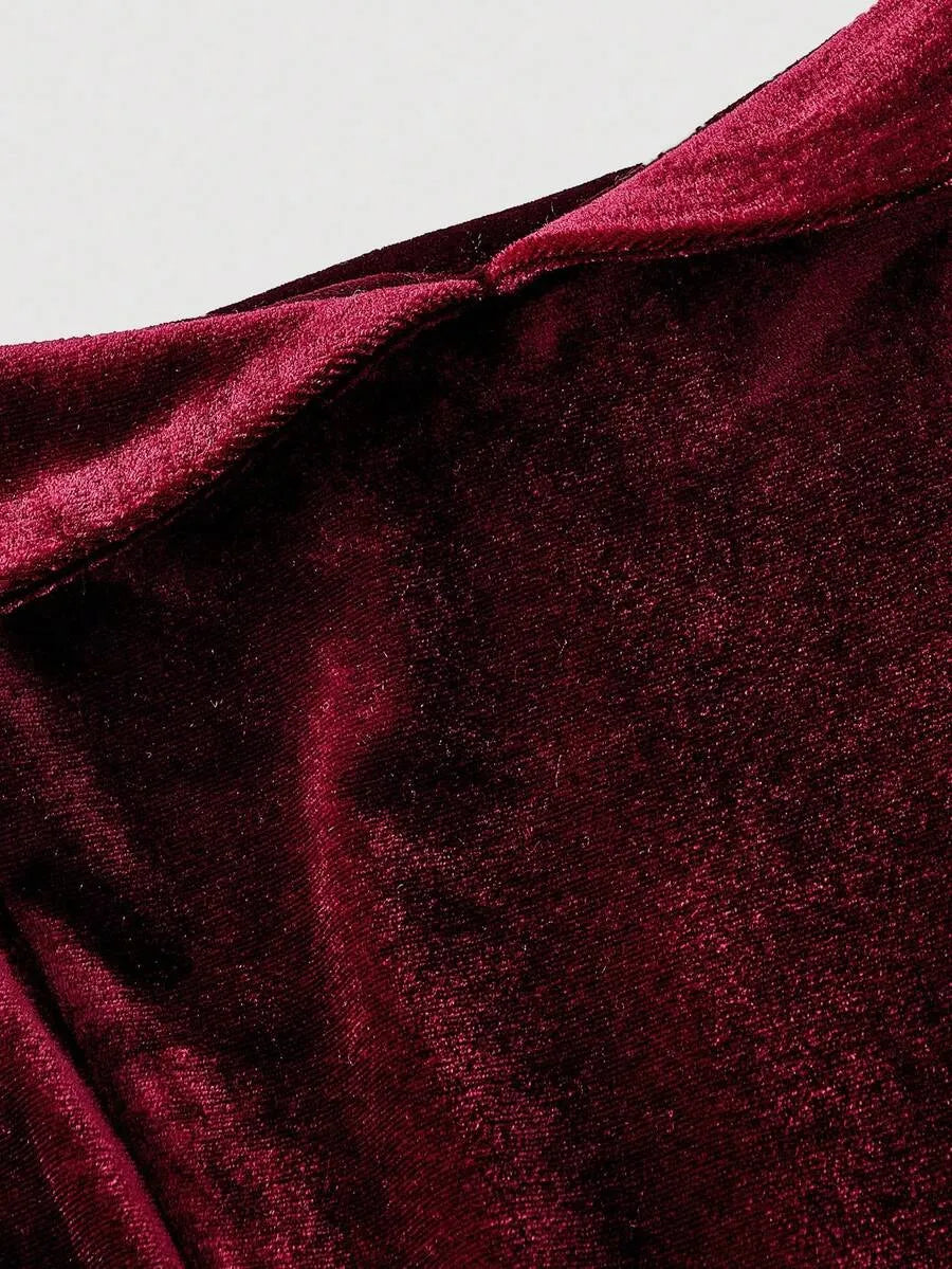 SHEIN MOD فستان نسائي مخملي بكتف مكشوف وخصر بلون عنابي