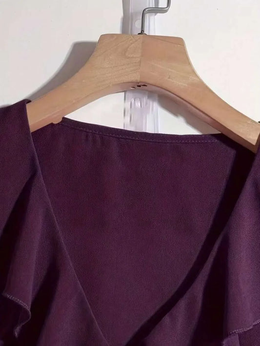 SHEIN بلوزة شيفون نسائية بكشكش وأكمام قصيرة بطراز فرنسي
