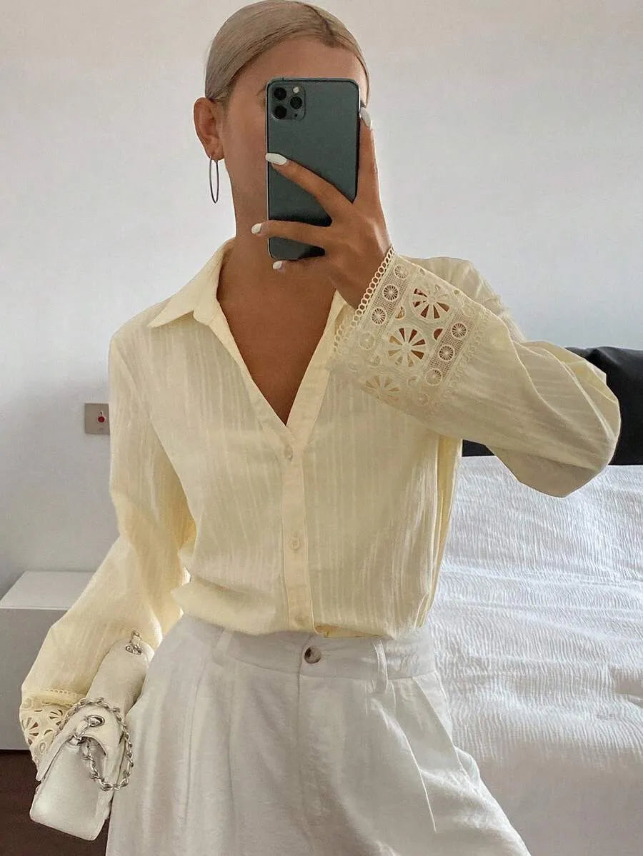 SHEIN Livesso قميص نسائي فضفاض بأزرار أمامية وياقة وأكمام طويلة بلون مشمشي