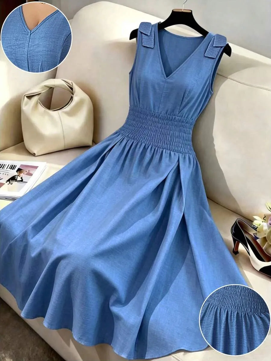 SHEIN Selianne فستان ماكسي أزرق داكن بخصر مطوي وفيونكة