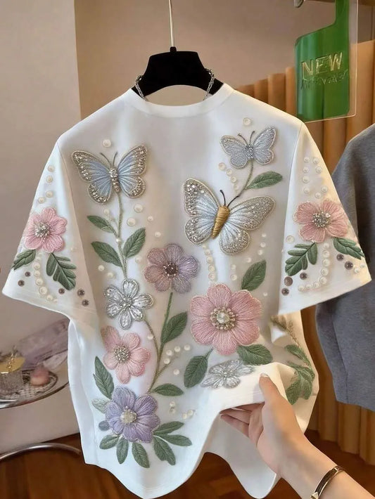 SHEIN Franclia تي شيرت نسائي بطبعة الفراشات والزهور