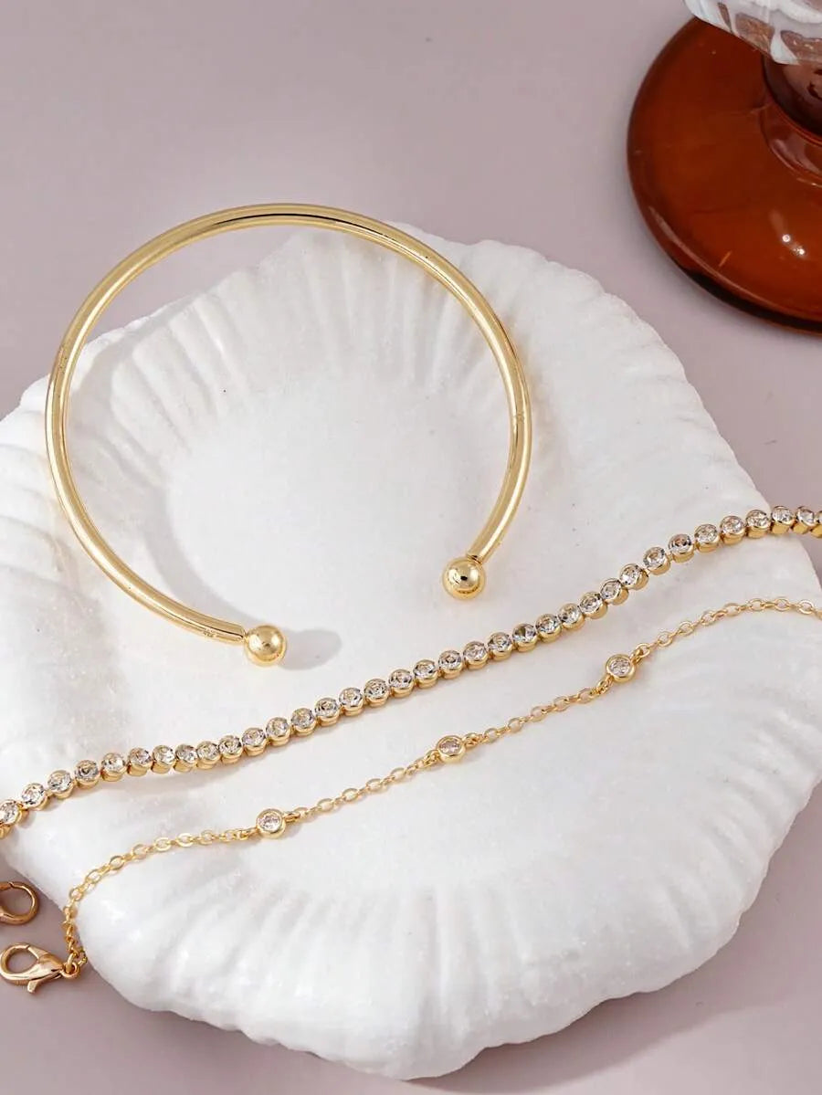SHEIN مجموعة أساور سلسلة مرصعة بالزركونيا والراينستون رقيقة وبسيطة للنساء
