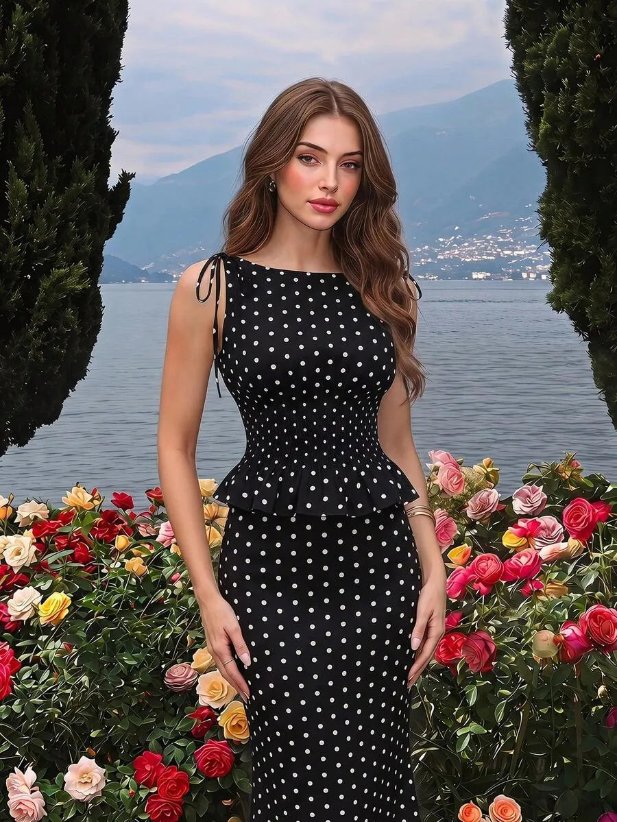 SHEIN MOD طقم نسائي من قطعتين توب كامي بحمالات وربطة كتف وتنورة  بلون أسود