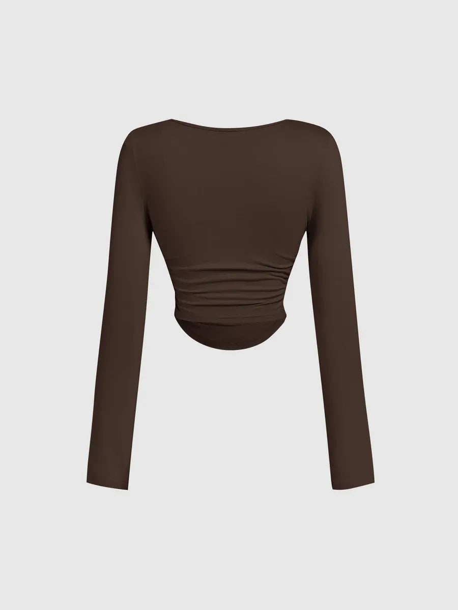 SHEIN MOD مجموعة 3 قطع تي شيرت نسائي قصير محبوك بياقة مربعة وأكمام طويلة بلون بني