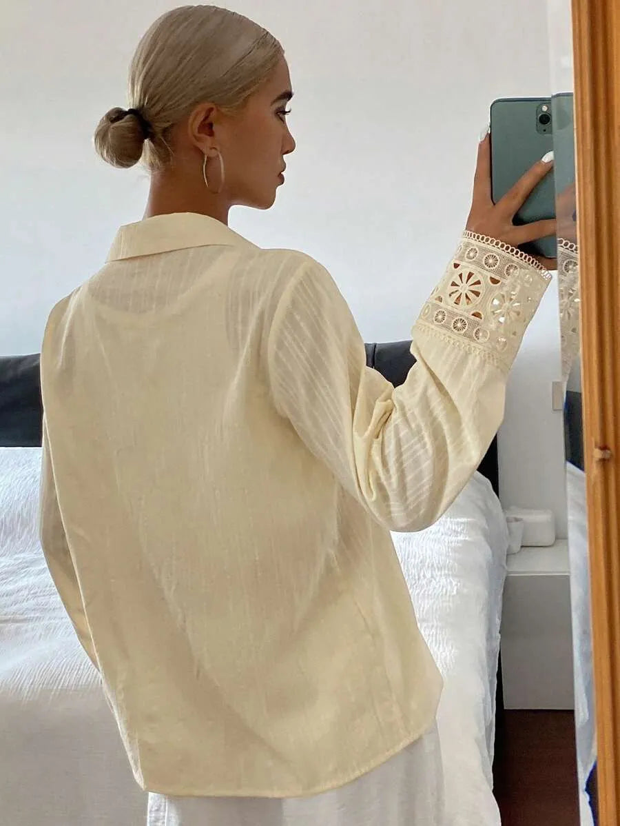 SHEIN Livesso قميص نسائي فضفاض بأزرار أمامية وياقة وأكمام طويلة بلون مشمشي