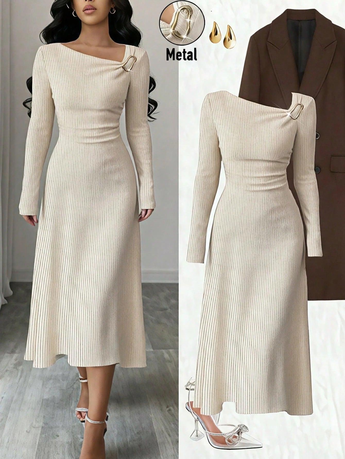 SHEIN Rafferiza فستان كاجوال بأكمام طويلة وياقة مطوية لون مشمشي