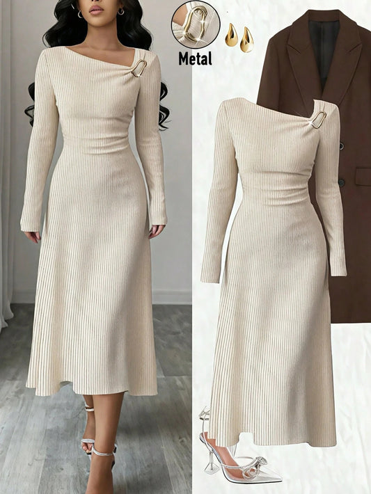 SHEIN Rafferiza فستان كاجوال بأكمام طويلة وياقة مطوية لون مشمشي