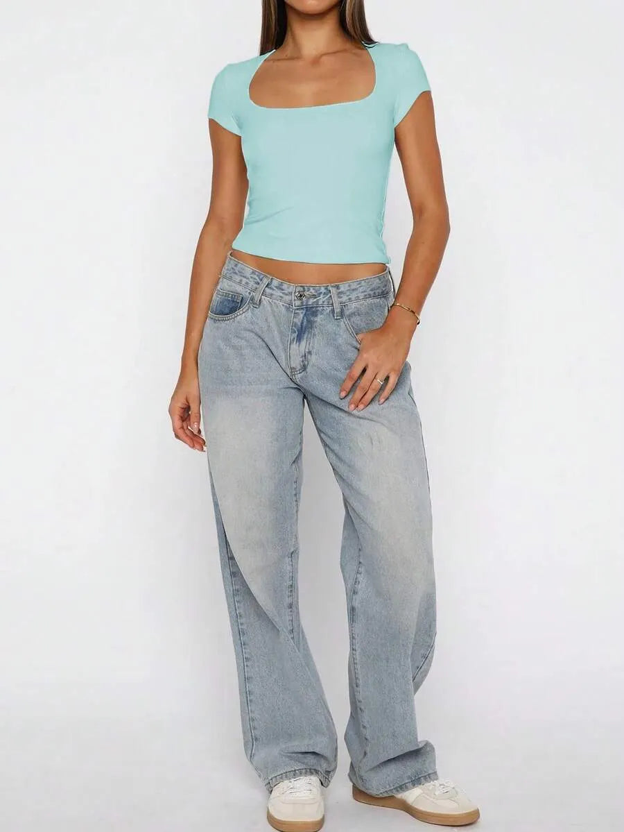 SHEIN GLAMSKIN تي شيرت نسائي مخطط برقبة مربعة