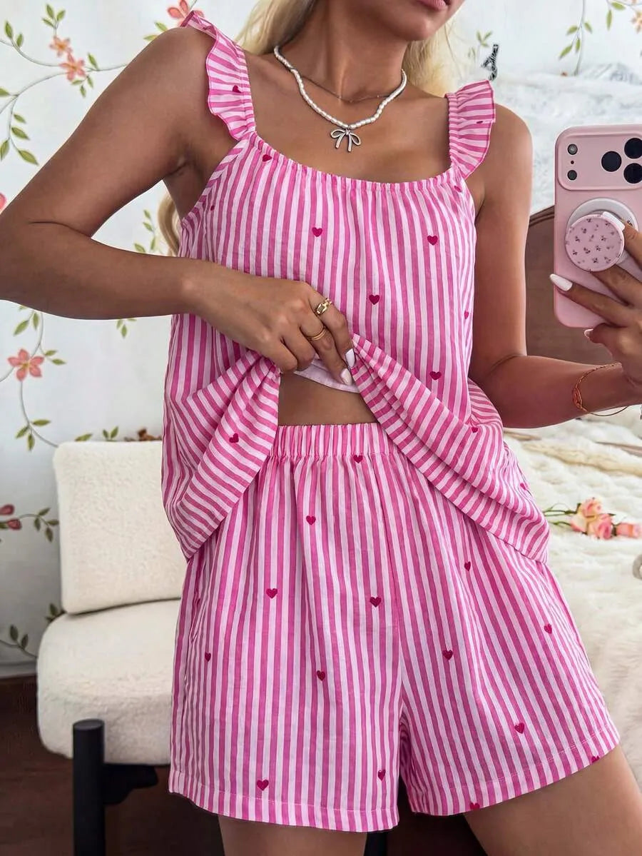 SHEIN CottageSlumber طقم بيجاما قطعتين بقلوب وخطوط مع كاميسول وشورت متعدد الألوان