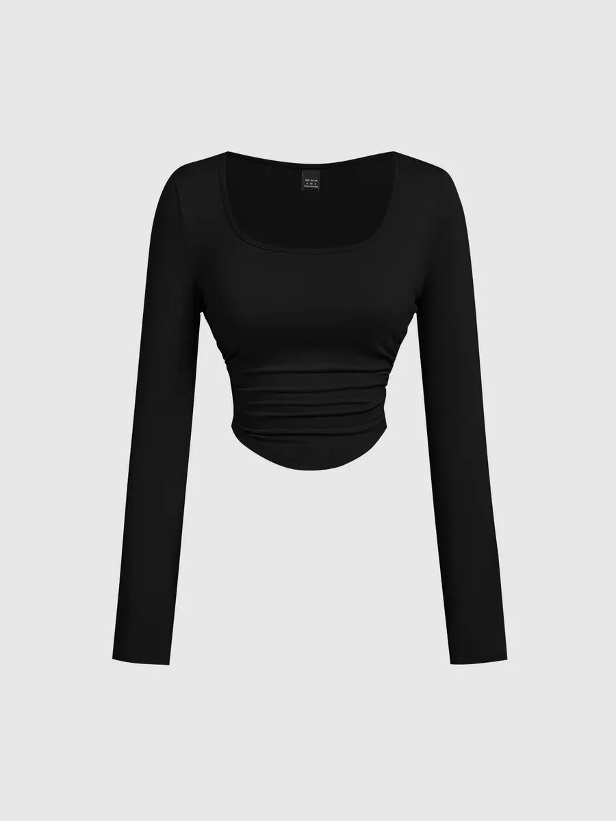 SHEIN MOD مجموعة 3 قطع تي شيرت نسائي قصير محبوك بياقة مربعة وأكمام طويلة بلون بني