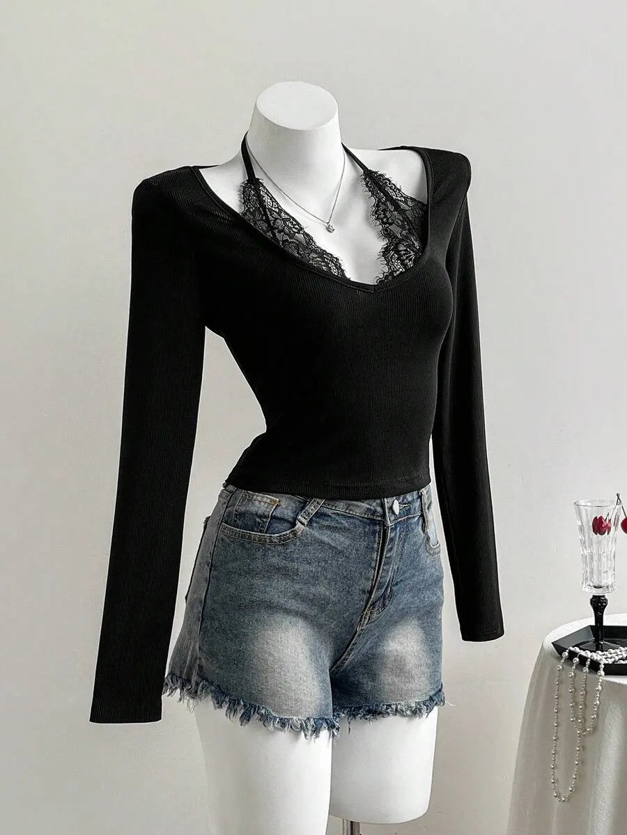 SHEIN Elamini بلوزة  نسائية دانتيل وتريكو بأكمام طويلة