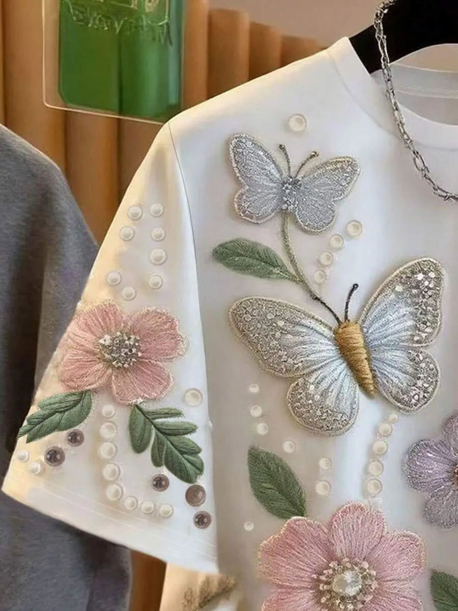 SHEIN Franclia تي شيرت نسائي بطبعة الفراشات والزهور