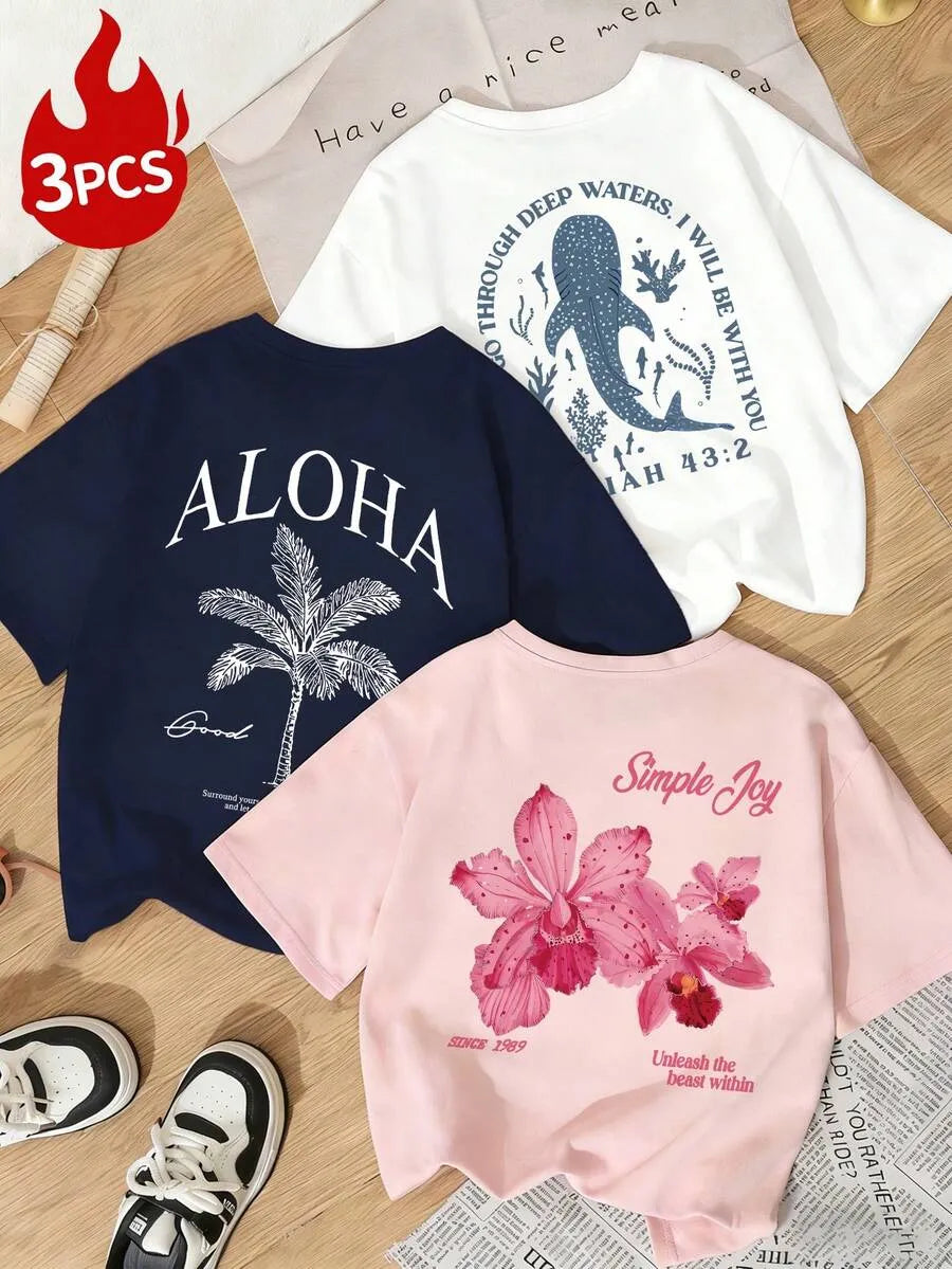 SHEIN طقم مكون من 3 تيشيرتات بألوان جذابة