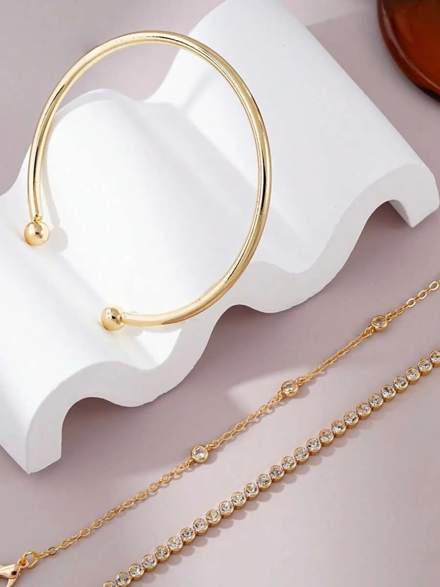 SHEIN مجموعة أساور سلسلة مرصعة بالزركونيا والراينستون رقيقة وبسيطة للنساء