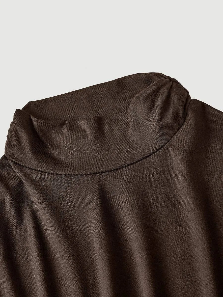 SHEIN MOD فستان ماكسي بياقة عالية وخصر مجعد وأكمام قصيرة بلون بني
