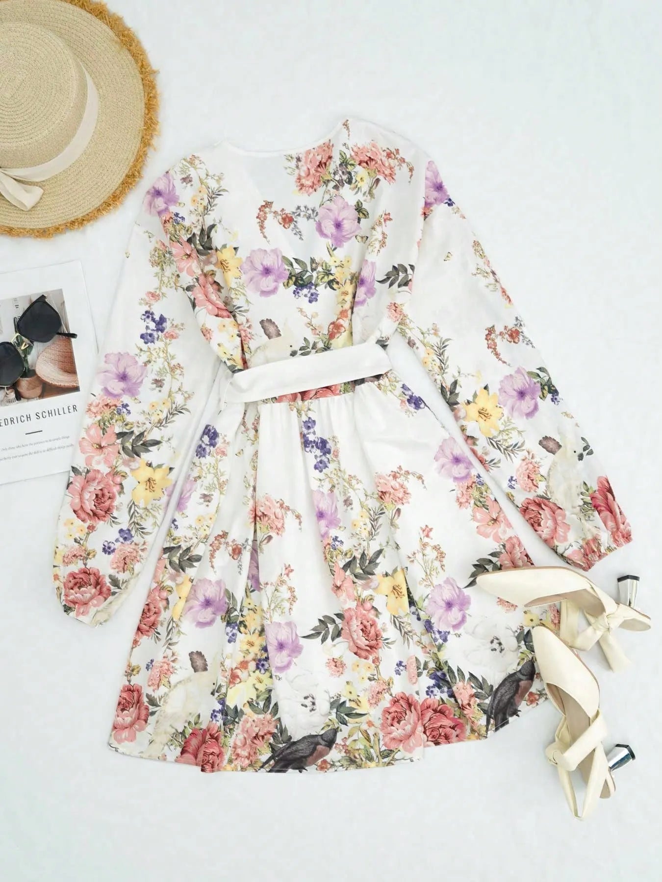 SHEIN فستان بلون متعدد الألوان قصير بياقة وأكمام طويلة وحزام بتصميم كشكش