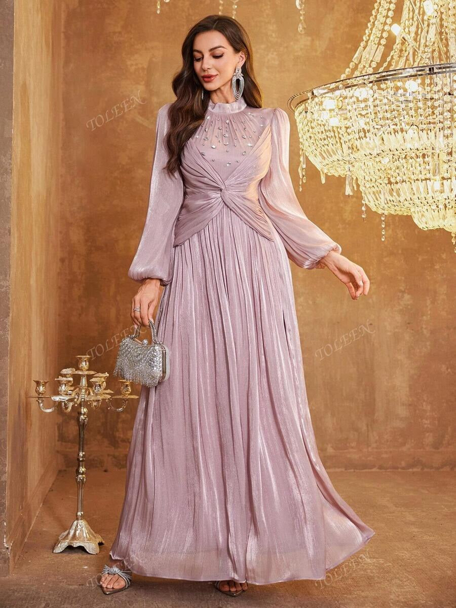 SHEIN TOLEEN فستان وردي مغبر طويل بستايل أنيق وأكمام فانوس مزينة بالراين