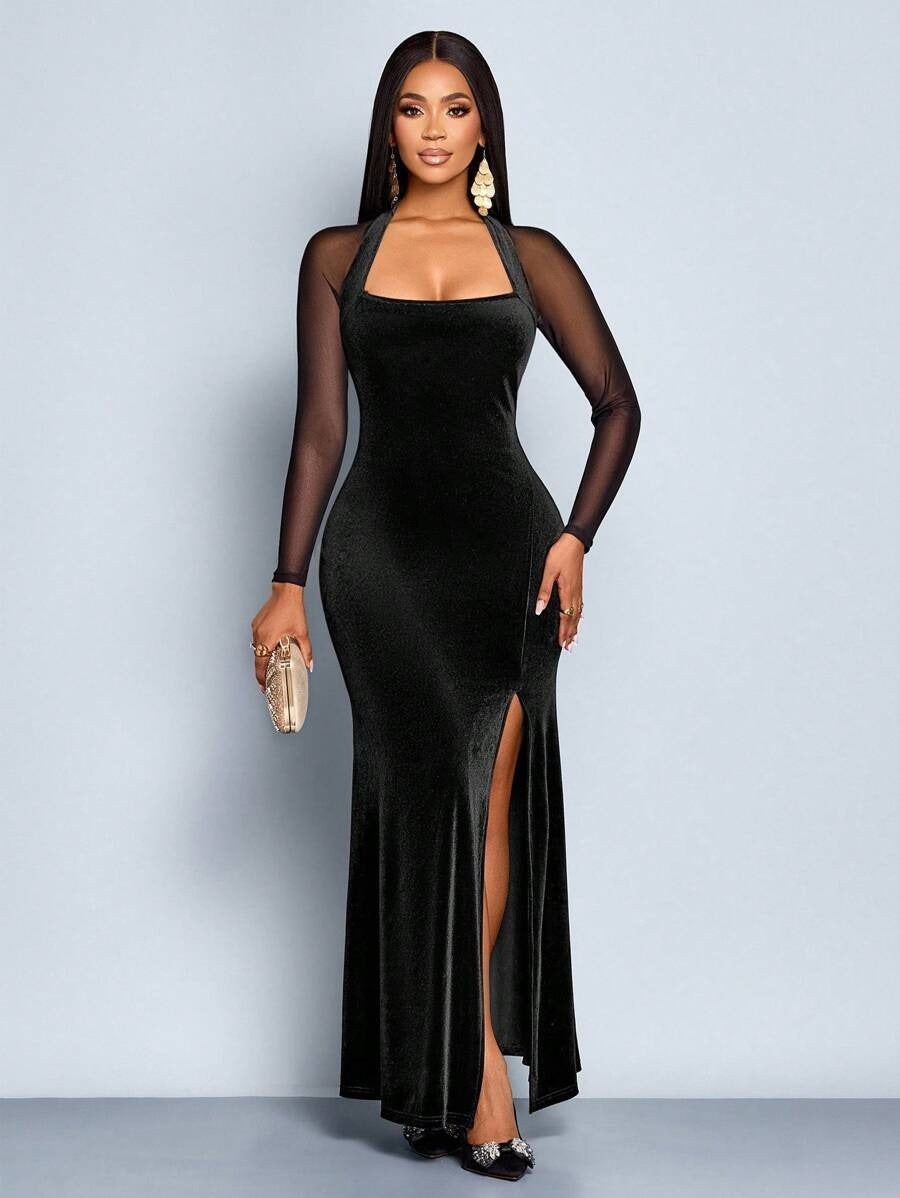 SHEIN فستان سهرة أسود أنيق بقصة ضيقة من المخمل الفاخر
