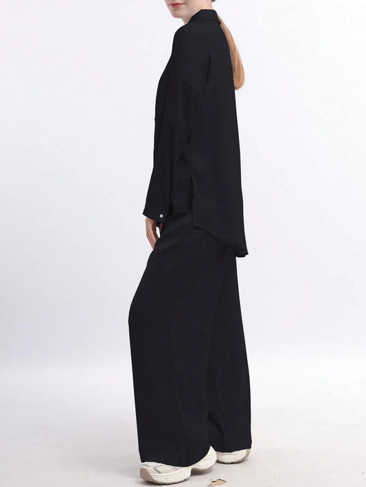 SHEIN طقم نسائي كاجوال أنيق من قطعتين (قميص بأزرار وأكمام طويلة + بنطلون واسع الساق)