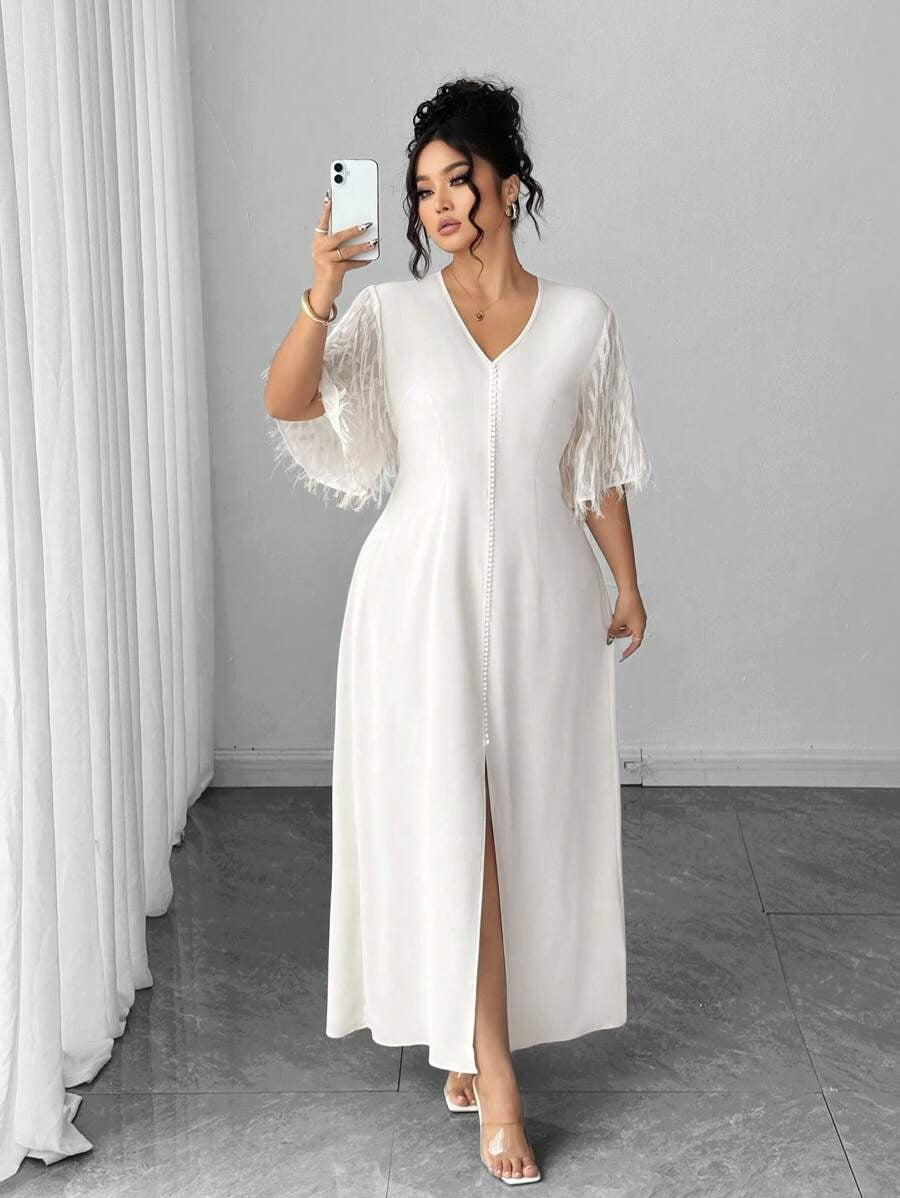 SHEIN Elenzga فستان أبيض بأكمام قصيرة وذيل مشقوق للمقاسات الكبيرة