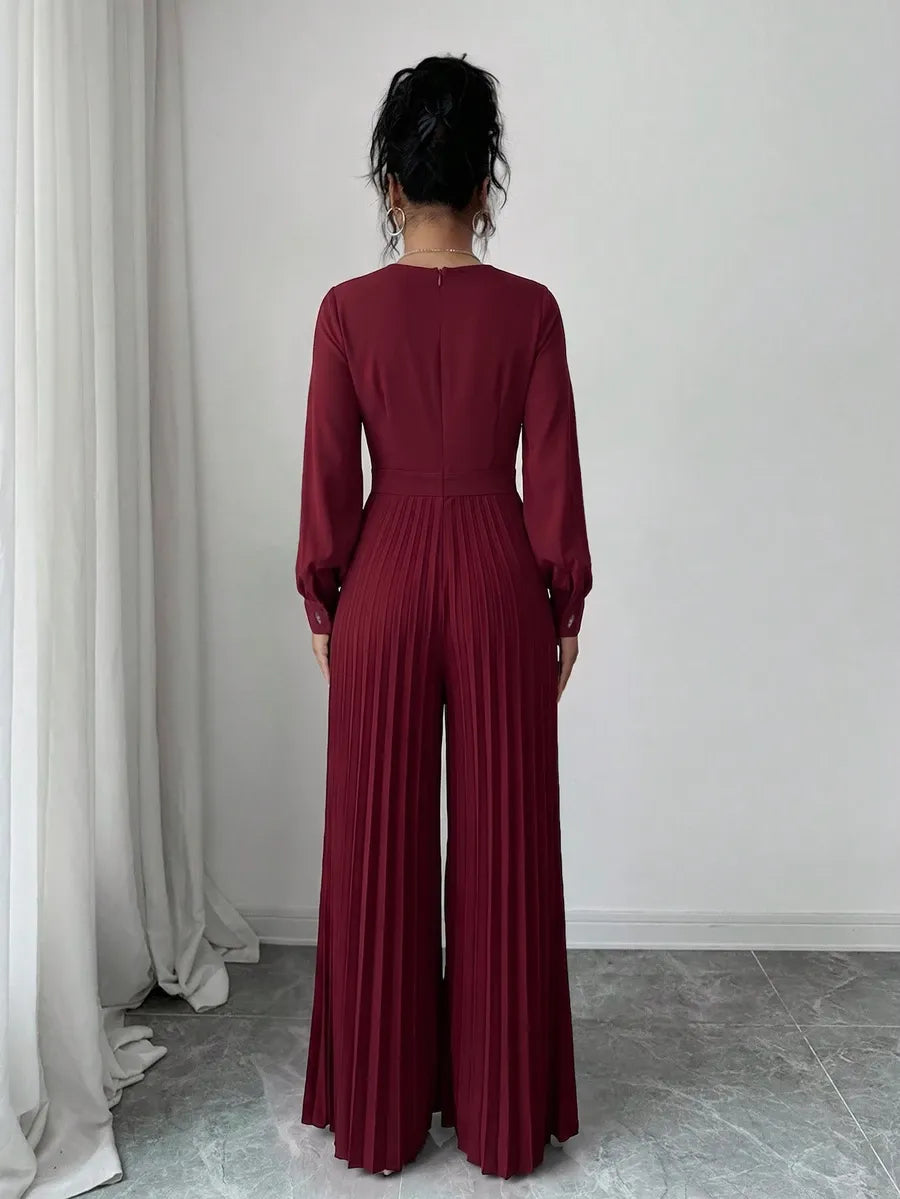 SHEIN Elenzga جمبسوت نسائي بخصر مرتفع وطيات وزهرة ثلاثية الأبعاد بلون عنابي