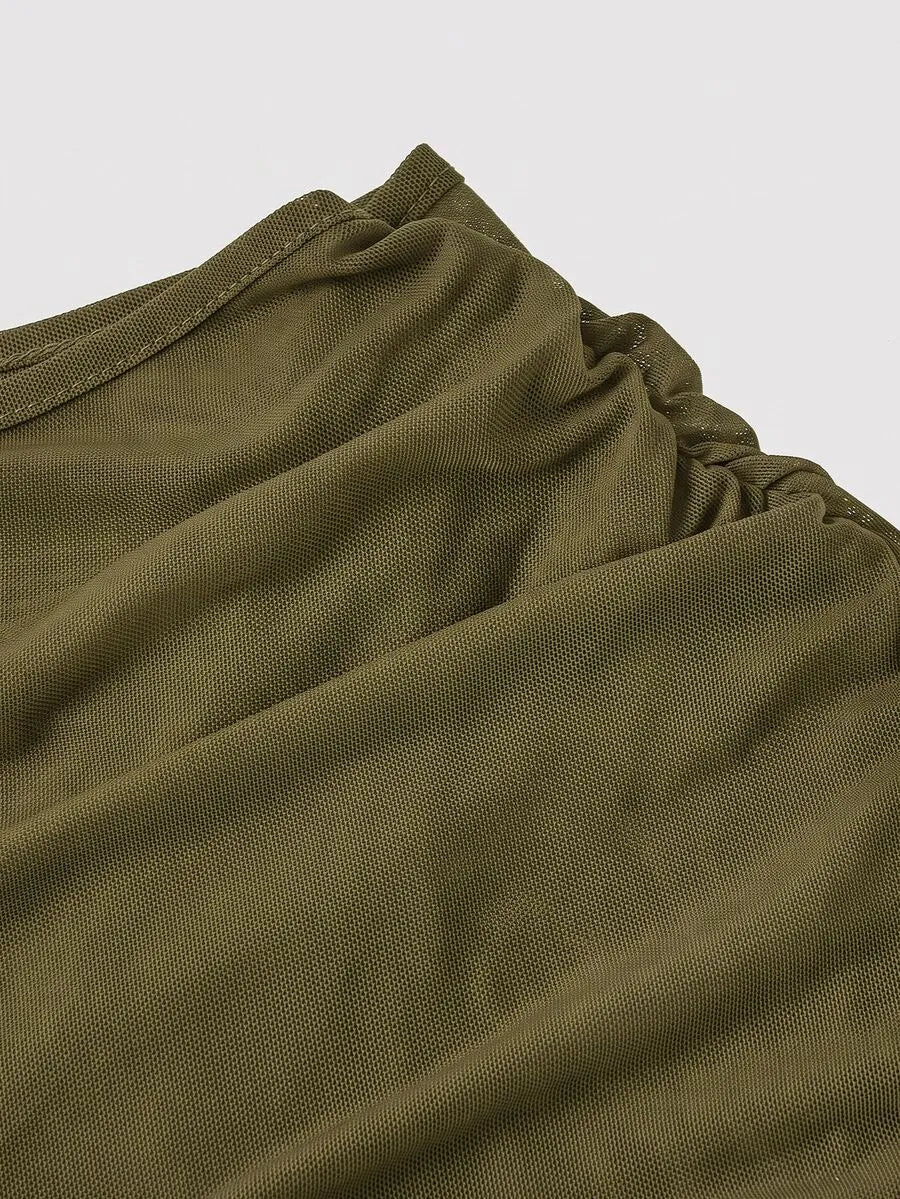 SHEIN MOD فستان نسائي قصير من الشبك بياقة غير متماثلة وأكمام واسعة بلون أخضر عسكري