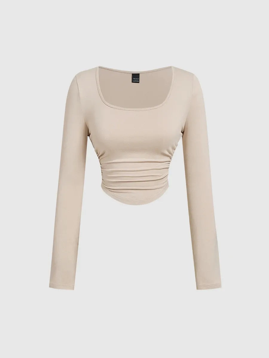 SHEIN MOD مجموعة 3 قطع تي شيرت نسائي قصير محبوك بياقة مربعة وأكمام طويلة بلون بني