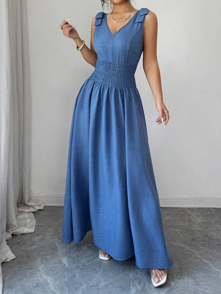 SHEIN Selianne فستان ماكسي أزرق داكن بخصر مطوي وفيونكة