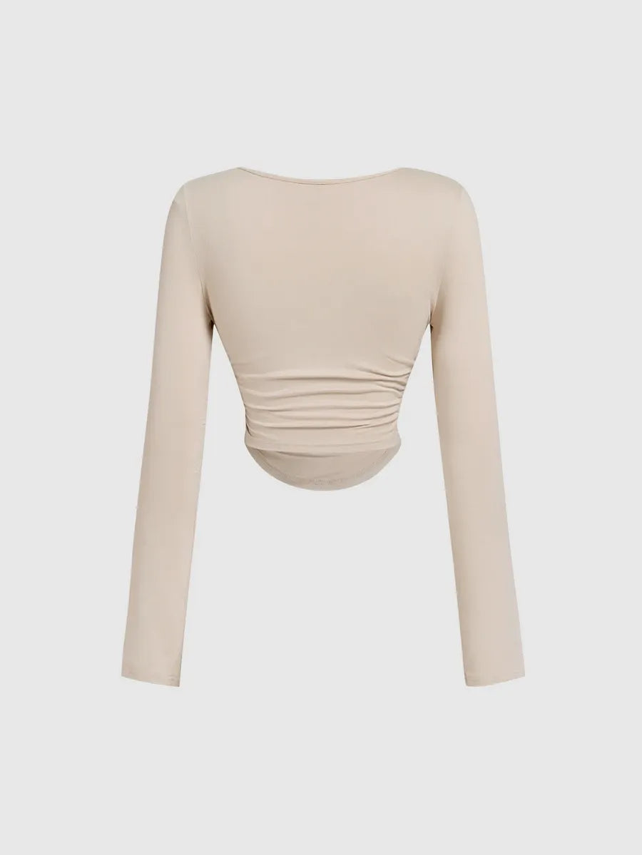 SHEIN MOD مجموعة 3 قطع تي شيرت نسائي قصير محبوك بياقة مربعة وأكمام طويلة بلون بني
