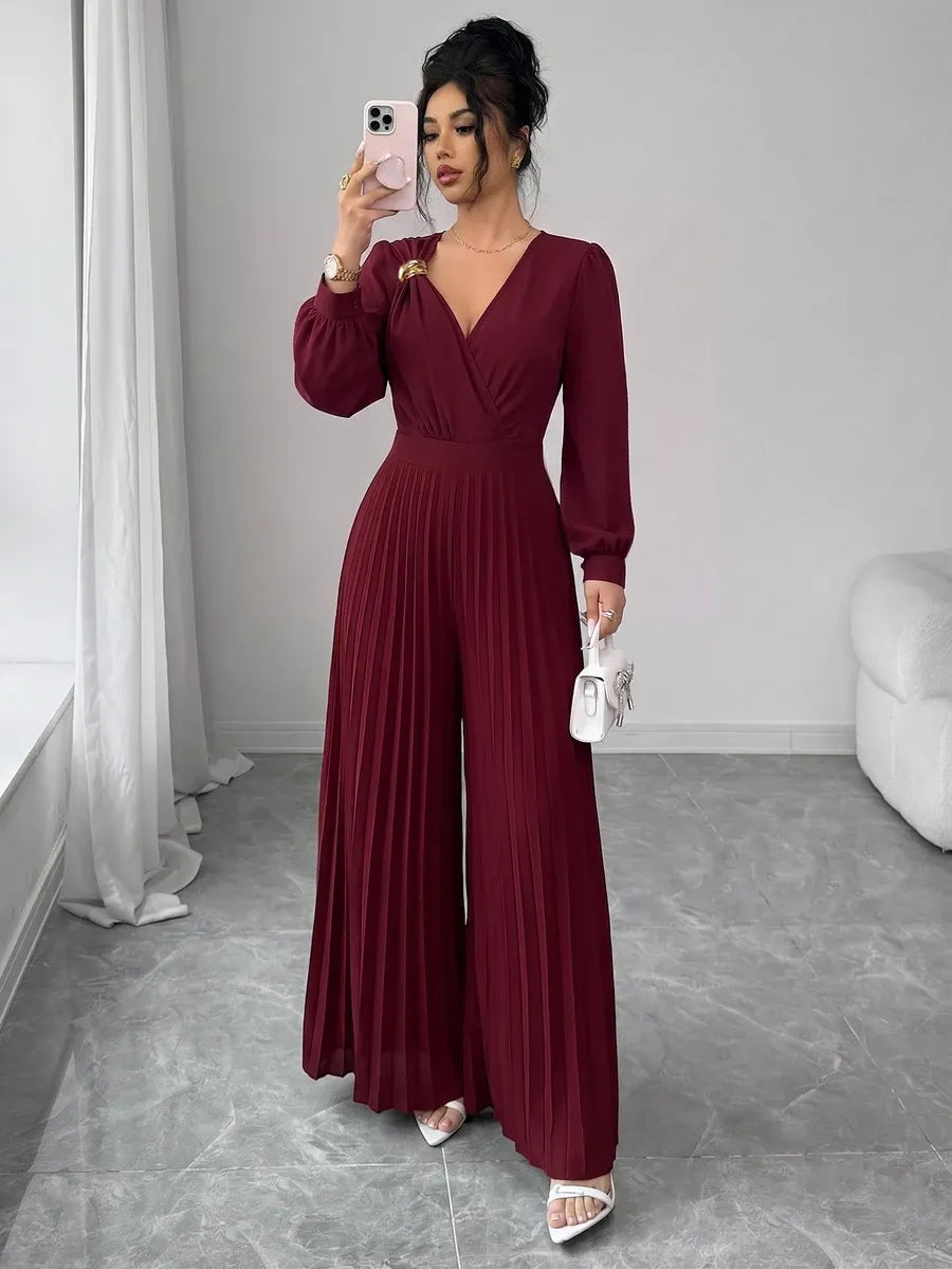 SHEIN Elenzga جمبسوت نسائي بخصر مرتفع وطيات وزهرة ثلاثية الأبعاد بلون عنابي