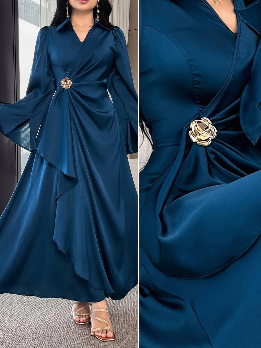 SHEIN Modelyn فستان طويل بياقة وأكمام واسعة وخصر مرتفع بتصميم ملفوف بلون أزرق